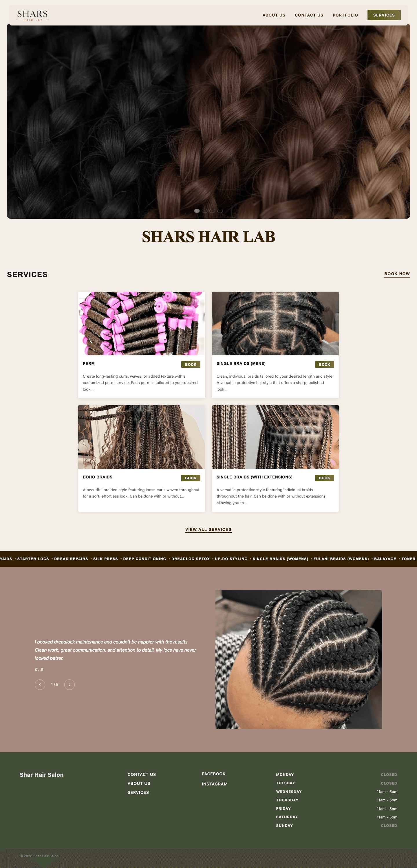 Shars Hair Lab website screenshot